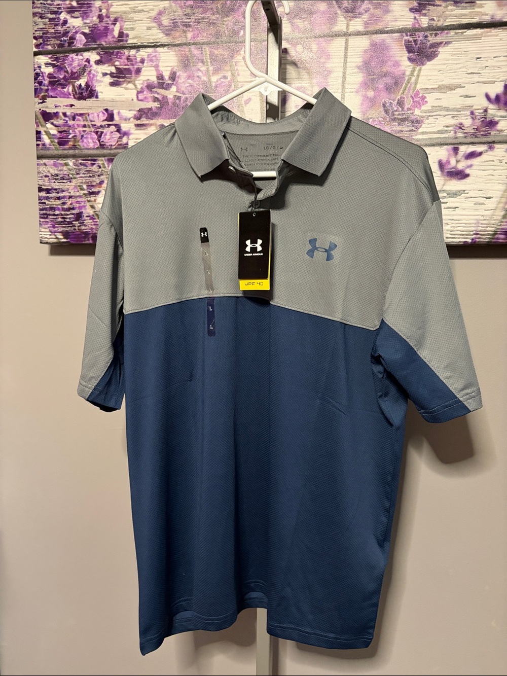 Men’s Under Armour Gray and Navy Performance Polo UPF 40 Size L NWT